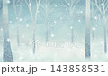 雪降る森の中を移動しながら景色を眺める幻想的な水彩ループアニメーション。絵本風の美しい背景動画。 143858531