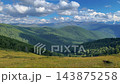 Alpine meadow landscape, mountain valley, forested peaks, snow capped ridges, aerial vista 143875258