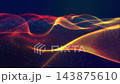 3d render VJ loop. Dynamic data terrain with glowing waves. Illuminated undulating data landscape with pulsating regions. Bright rhythmic data environment featuring flowing hills and glowing particles 143875610