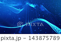 3d render particles background VJ loop Colorful lights move rhythmically with glow. Energetic display of vivid colors and glowing ribbons. Lively arrangement of luminous particles and brightly dancing 143875789