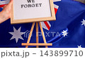 Somber Australian flag backdrop with text LEST WE FORGET on letter board. Respectful message for memorial ANZAC. Concept of remembrance and honor 143899710