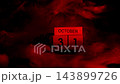 Dark still life composition featuring wooden block calendar displaying date 31 October Halloween holiday arrangement. Dramatic red lighting enhances mysterious atmosphere 143899726