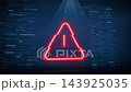 Futuristic Glowing Red Exclamation Warning Icon Revealing Cyber Security Threat on Digital Technology Background 143925035