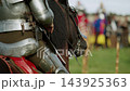 Dark bay horse head equipped with metal chamfron plate, leather bridle, and curb chain alongside steel arm defense of knight waiting on tournament lists. 143925363