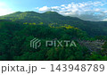 Aerial view of traditional thatched-roof houses surrounded by dense tropical mountain forest in 143948789
