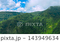 Aerial view of dense green rainforest mountains with rolling clouds and mist drifting over the 143949634