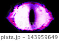 3D render. Yellow and purple flame in the shape of an eye on a black background. 143959649