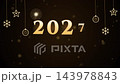 Golden 2027 Happy New Year Greeting Animation with Hanging Ornaments and Sparkling Fireworks Particles 143978843