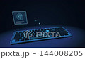 Futuristic Glowing Blue Keyboard Generating Holographic Data Interface Screens with Charts on Dark Background 144008205