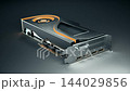 Black and orange graphics card with cooling fan and output ports 144029856